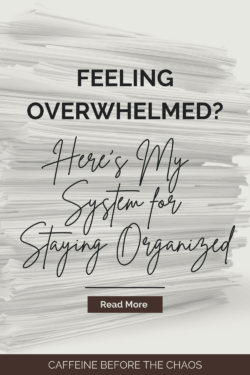 Alt text: Stacked papers background with text reading, "Feeling overwhelmed? Here's my system for staying organized." Button labeled "Read More" below. Tone suggests calm and guidance.
