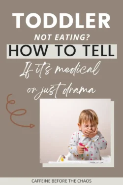 "Toddler refusing food, covering mouth with hand. Overlay text reads 'Toddler not eating? How to tell if it's medical or just drama'. Tone is concerned yet informative."