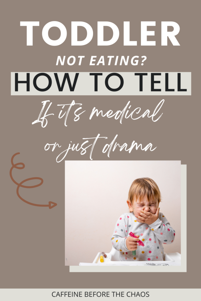 "Toddler refusing food, covering mouth with hand. Overlay text reads 'Toddler not eating? How to tell if it's medical or just drama'. Tone is concerned yet informative."