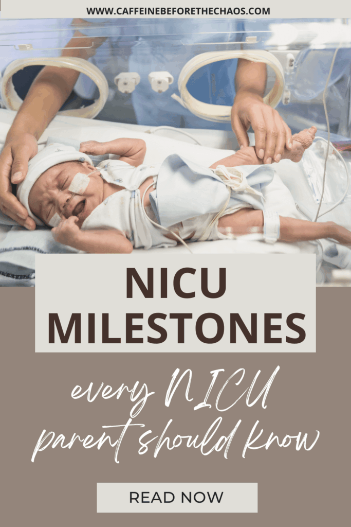 Tender scene of a baby in a NICU incubator, with a comforting hand on their head. Text reads: "NICU Milestones every NICU parent should know. Read now.