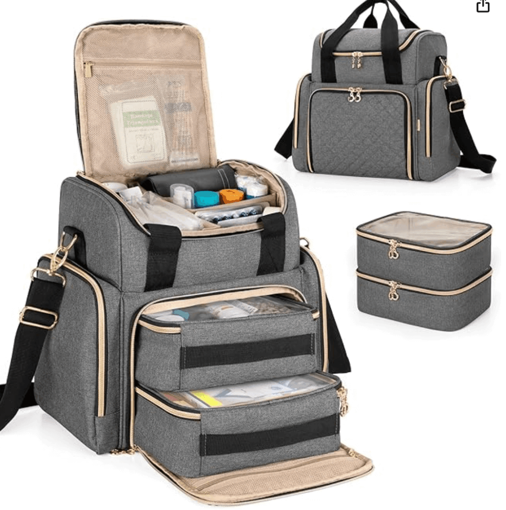 Gray multifunctional backpack with accessible compartments open, revealing organized storage. Includes separate stackable pouches. Elegant and practical design.